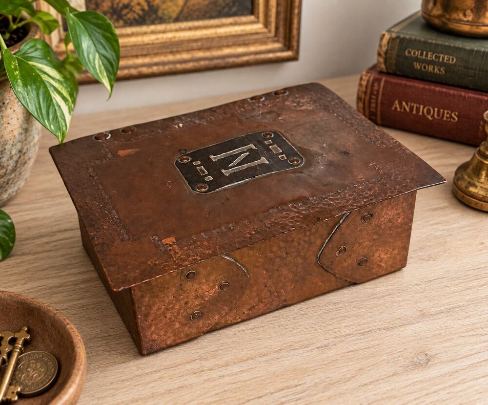 Antique c1910-30 Arts Crafts Hammered Copper Wood Box Mission Monogram N